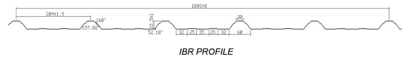 Technical drawing of the IBR roofing profile with dimensions